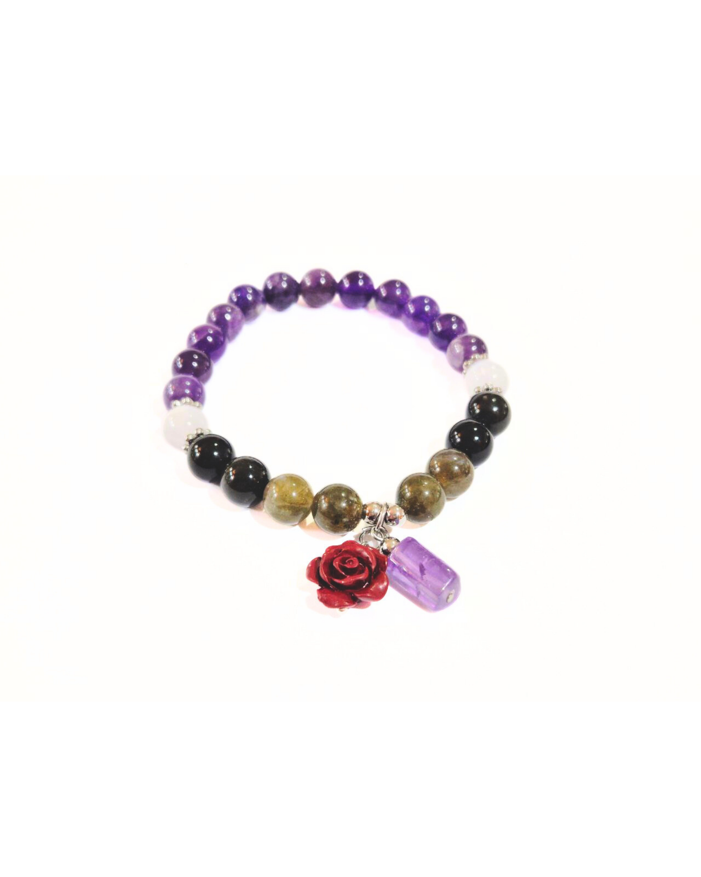 Ghost Month Protection Bracelet - Obsidian, Selenite, Amethyst, & Cinnabar