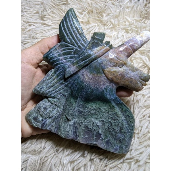 ocean jasper and moss agate unicorn carving