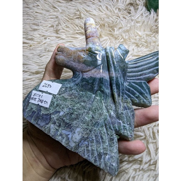 ocean jasper and moss agate unicorn carving