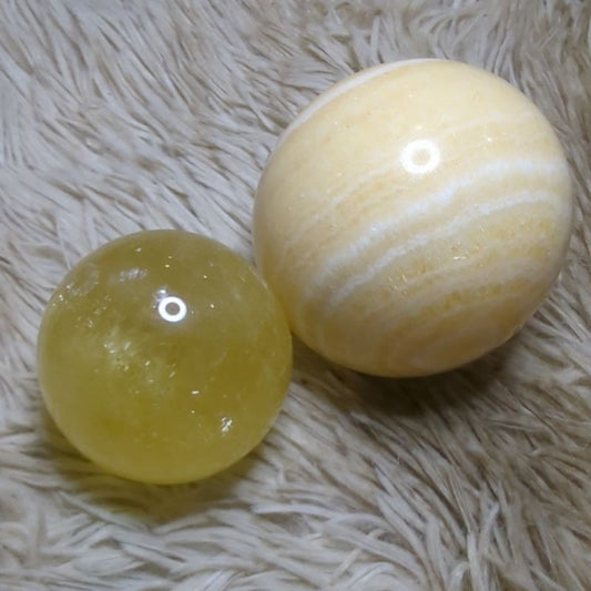 honey calcite and yellow banded calcite crystal sphere