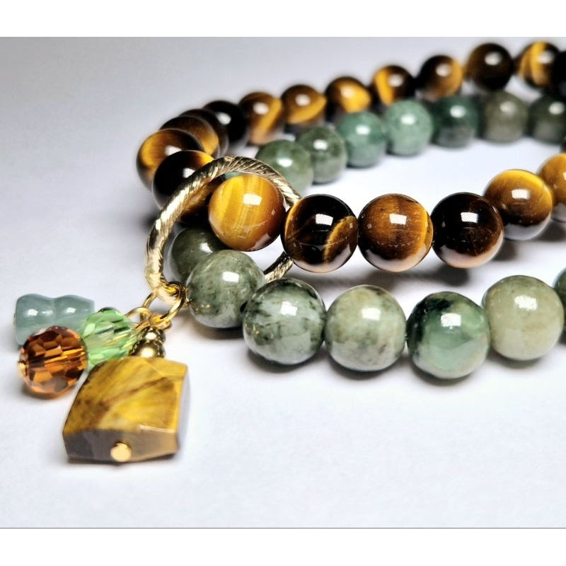 Authentic Burmese Jade and Tiger eye double layer bracelet for career and good health