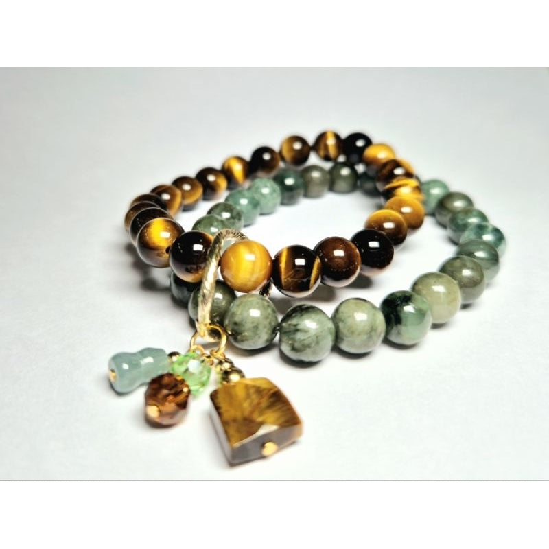 Authentic Burmese Jade and Tiger eye double layer bracelet for career and good health