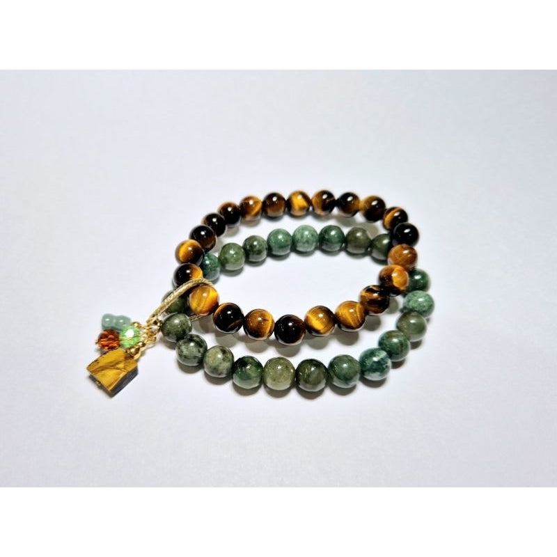 Authentic Burmese Jade and Tiger eye double layer bracelet for career and good health