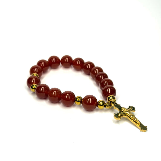 Red Agate Rosary Bracelet (with Stainless Steel Spacers & Cross)