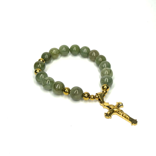 Jade Rosary Bracelet (with Stainless Steel Spacers & Cross)