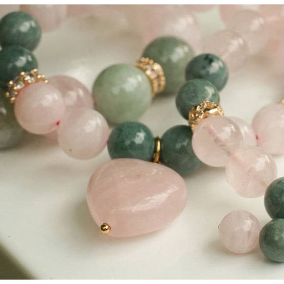 Rose Quartz and Jade Bracelet with heart charm