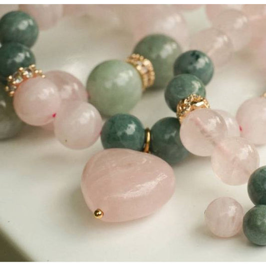 Rose Quartz and Jade Bracelet with heart charm