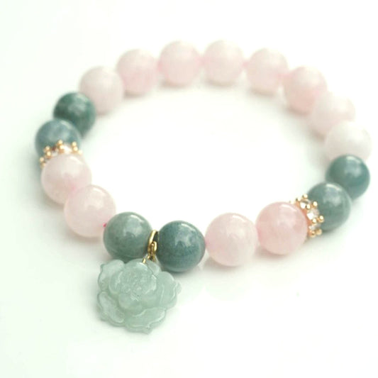 Rose Quartz and Jade Bracelet with lucky flower charm