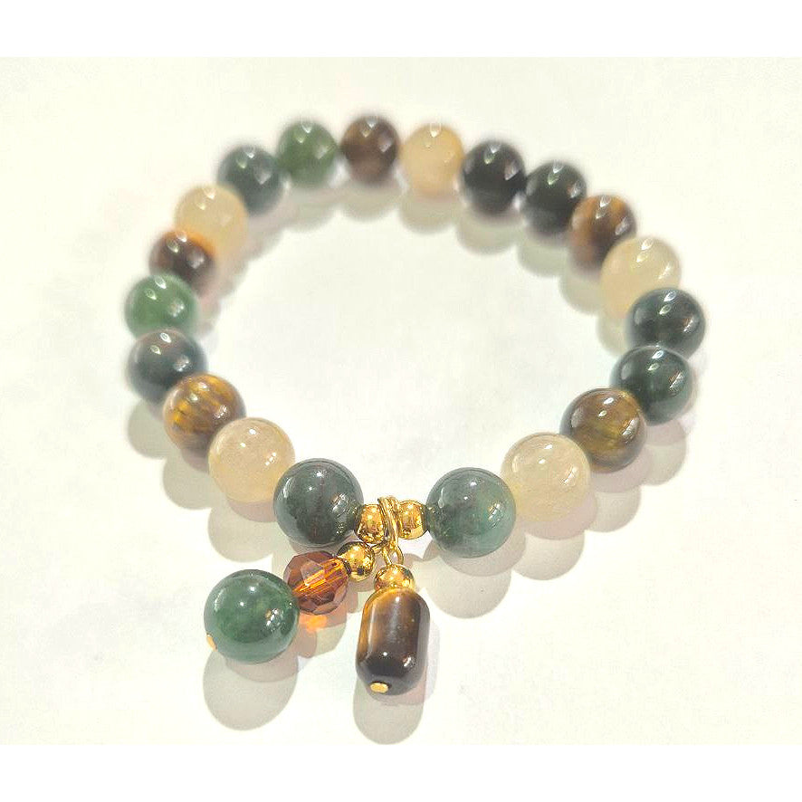 Moss Agate Tiger Eye Rutilated Quartz 8mm/10mm (Charm Option) protection, health, wealth bracelet