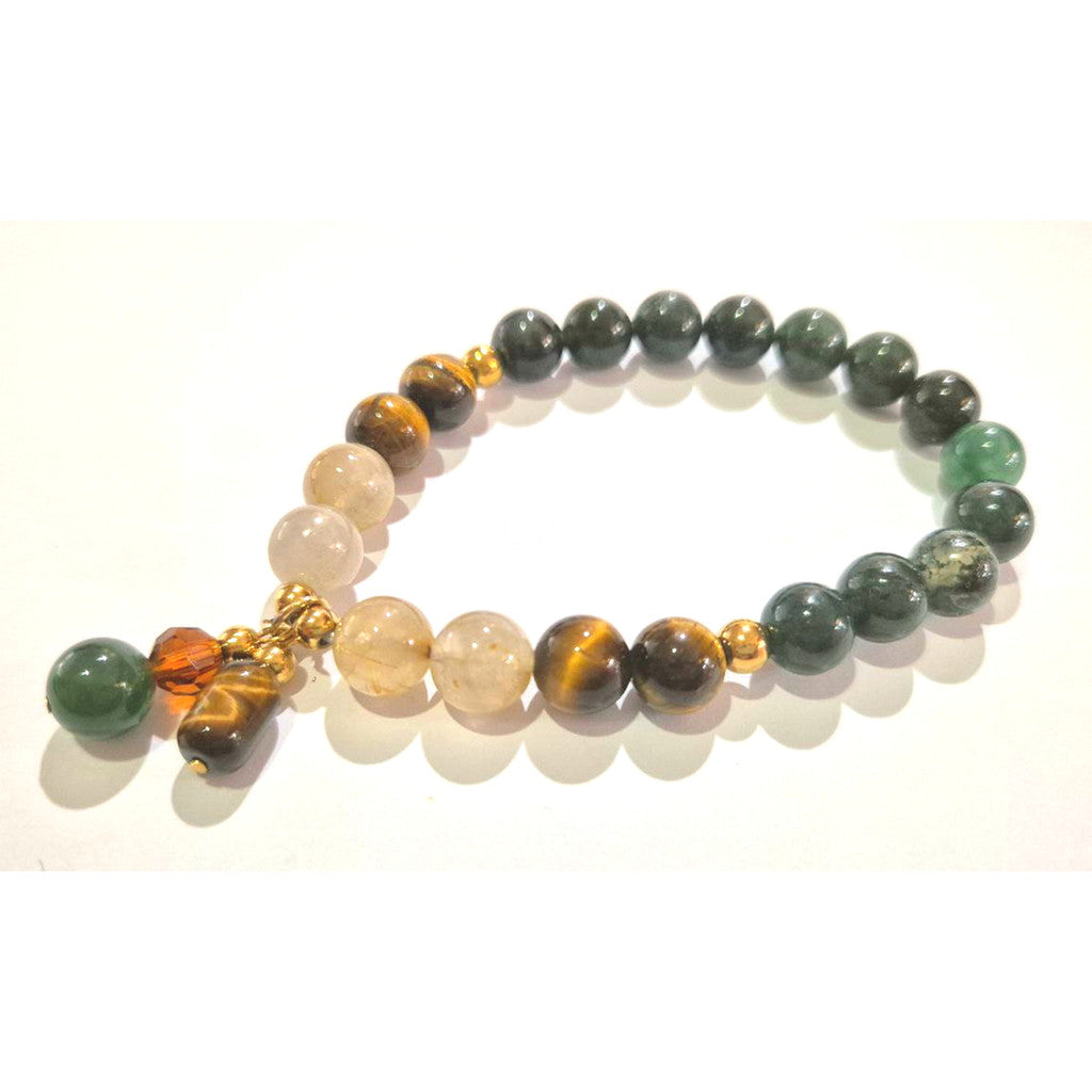 Moss Agate Tiger Eye Rutilated Quartz 8mm/10mm (Charm Option) protection, health, wealth bracelet