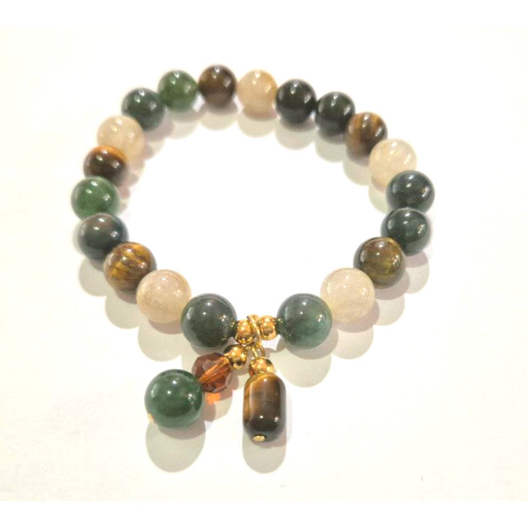 Moss Agate Tiger Eye Rutilated Quartz 8mm/10mm (Charm Option) protection, health, wealth bracelet