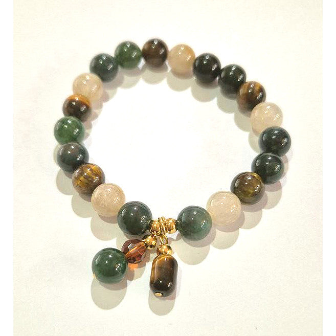Moss Agate Tiger Eye Rutilated Quartz 8mm/10mm (Charm Option) protection, health, wealth bracelet