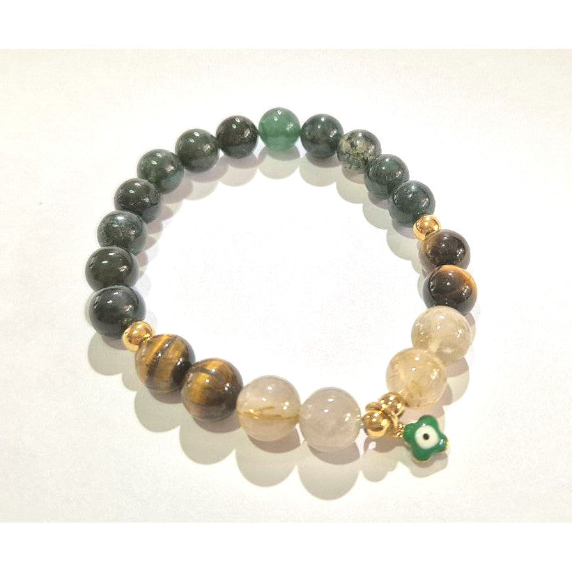 Moss Agate Tiger Eye Rutilated Quartz 8mm/10mm (Charm Option) protection, health, wealth bracelet
