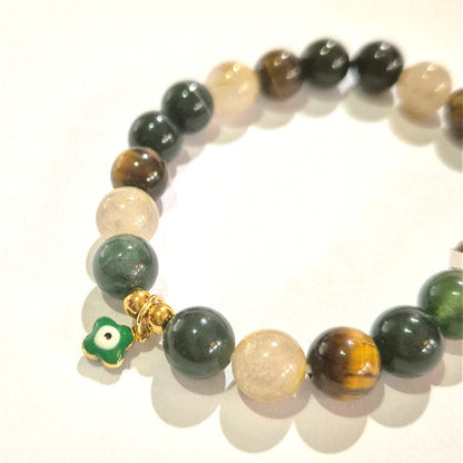 Moss Agate Tiger Eye Rutilated Quartz 8mm/10mm (Charm Option) protection, health, wealth bracelet
