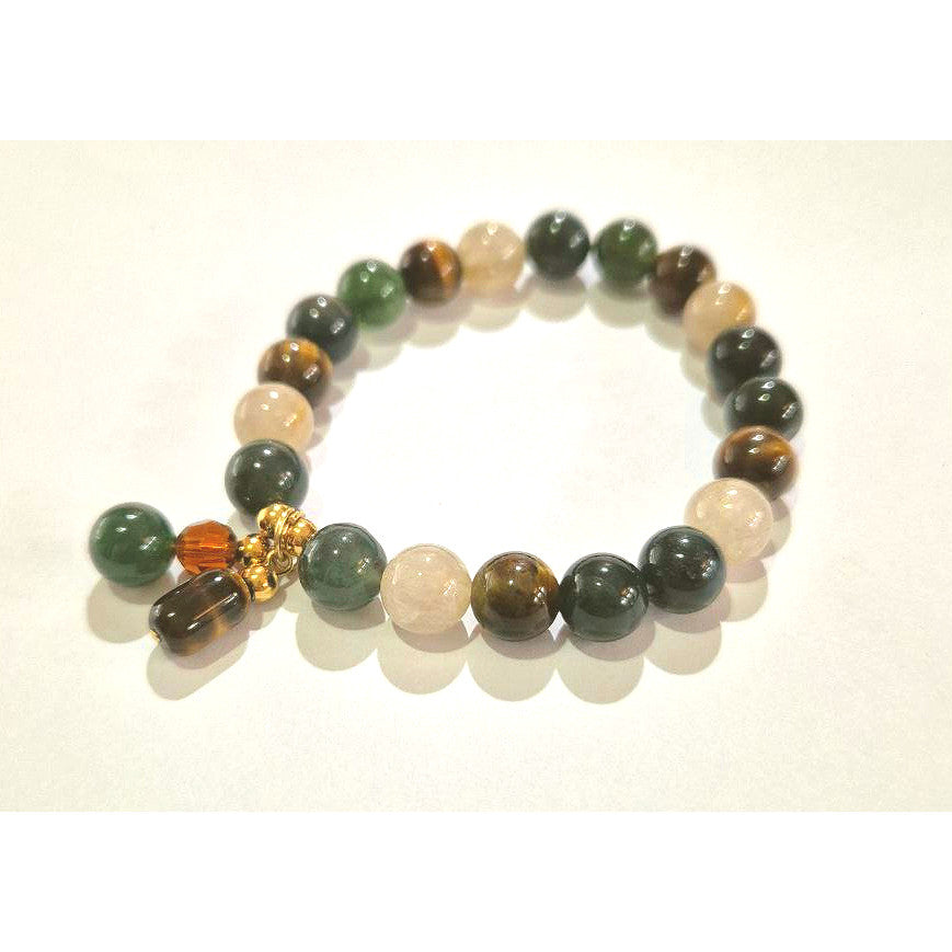 Moss Agate Tiger Eye Rutilated Quartz 8mm/10mm (Charm Option) protection, health, wealth bracelet