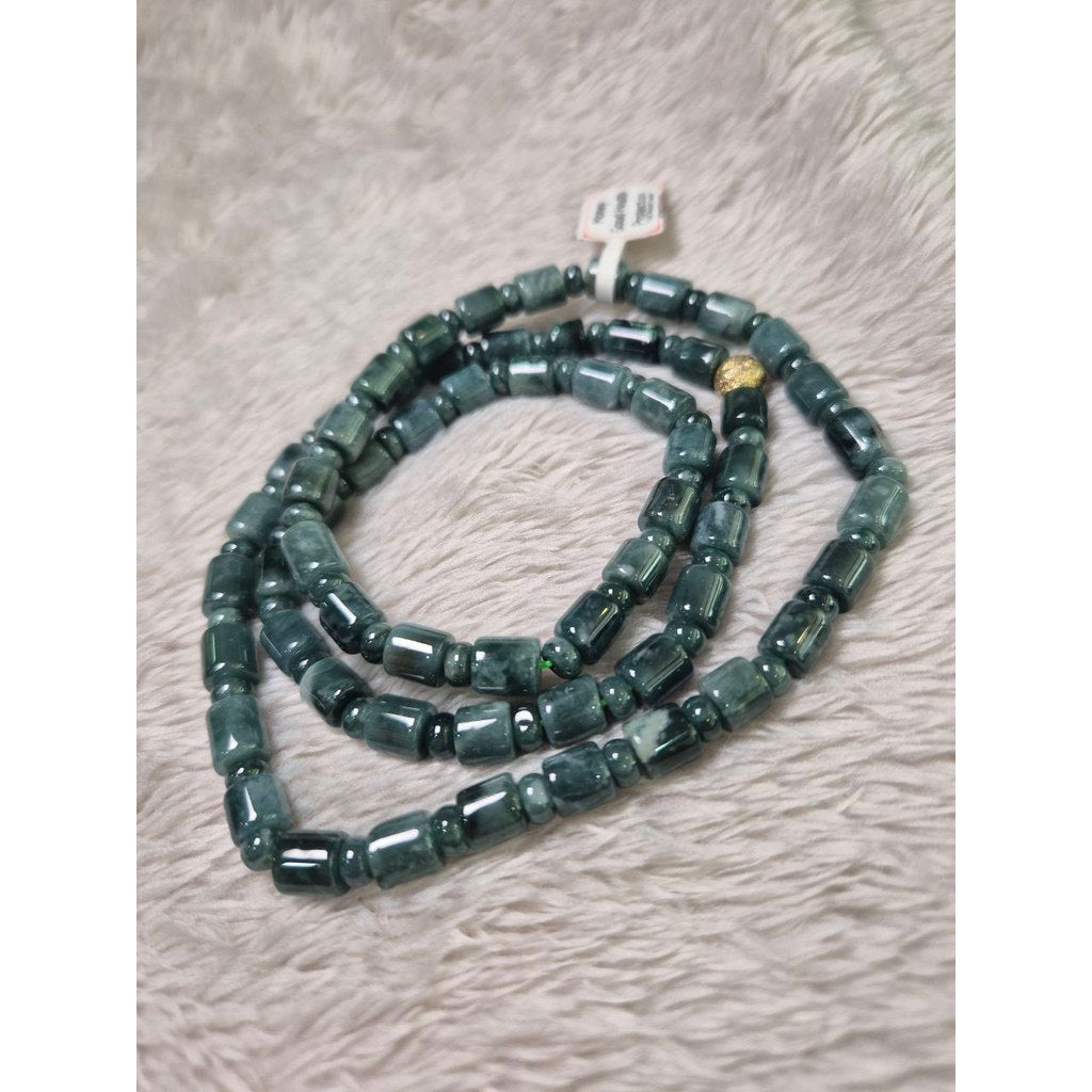 Blue Water Jade Barrel Necklace 24” – Grade A Jadeite for Prosperity & Good Health