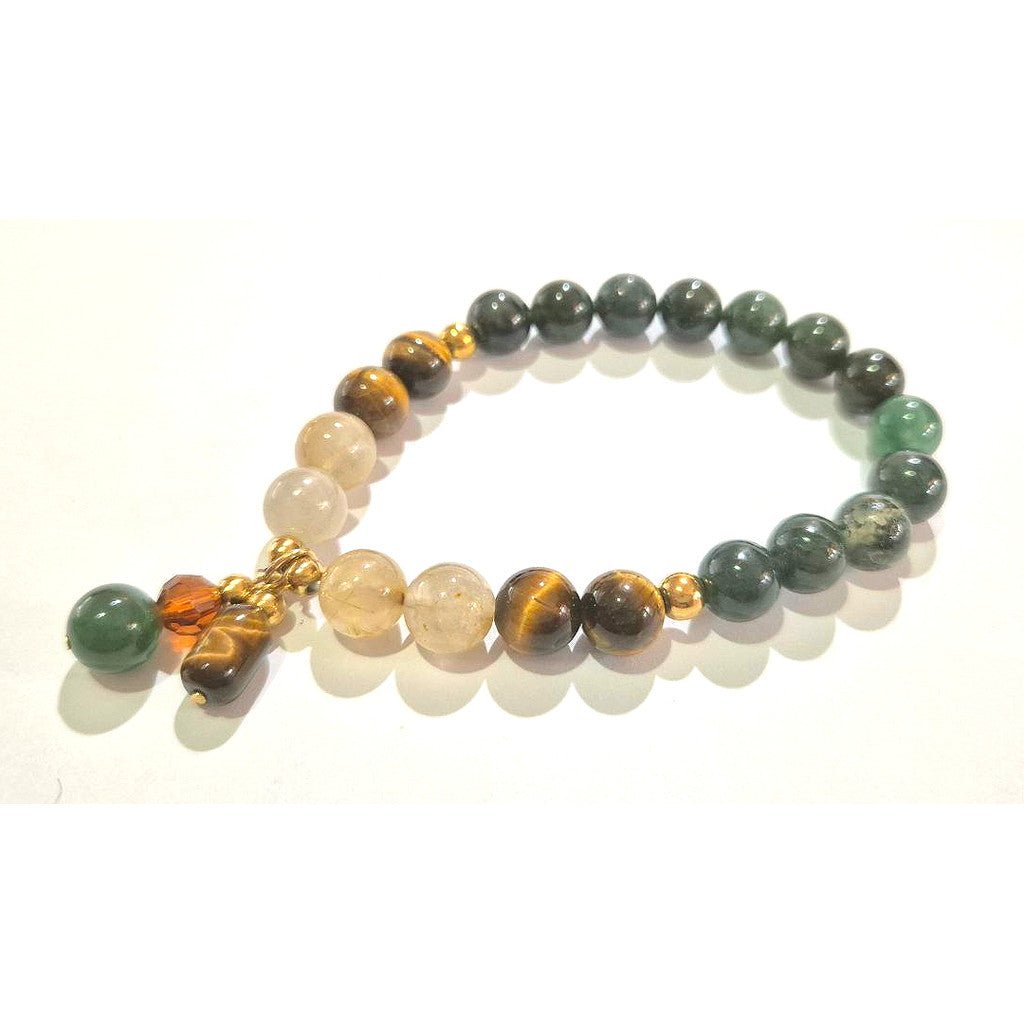 Moss Agate Tiger Eye Rutilated Quartz 8mm/10mm (Charm Option) protection, health, wealth bracelet