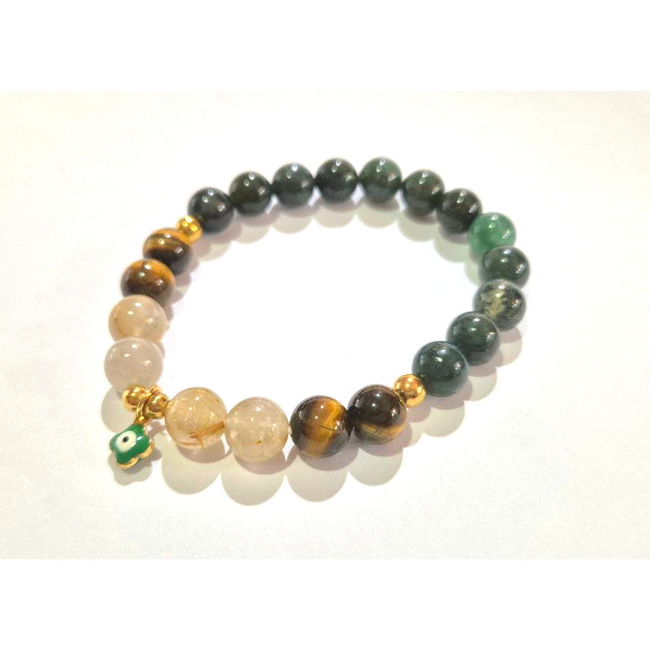 Moss Agate Tiger Eye Rutilated Quartz 8mm/10mm (Charm Option) protection, health, wealth bracelet