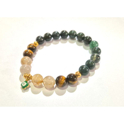 Moss Agate Tiger Eye Rutilated Quartz 8mm/10mm (Charm Option) protection, health, wealth bracelet
