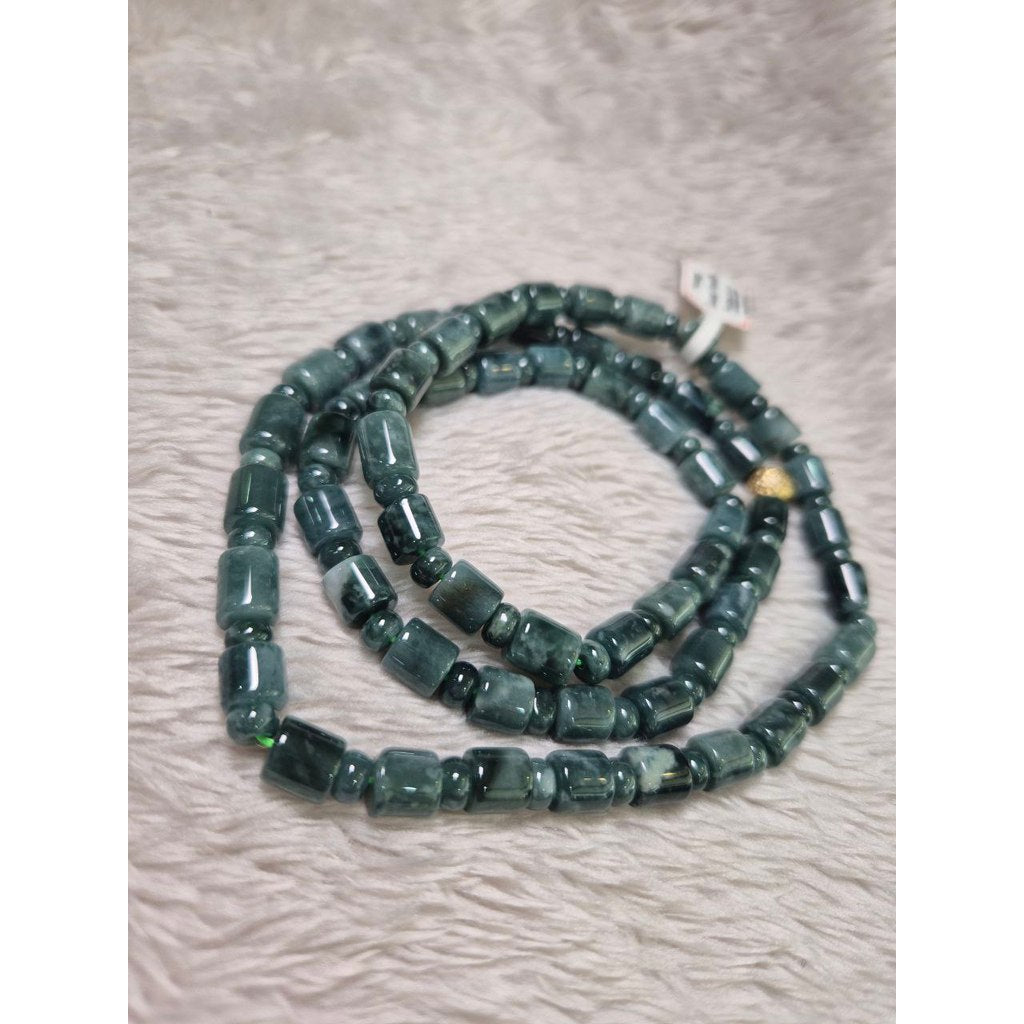 Blue Water Jade Barrel Necklace 24” – Grade A Jadeite for Prosperity & Good Health