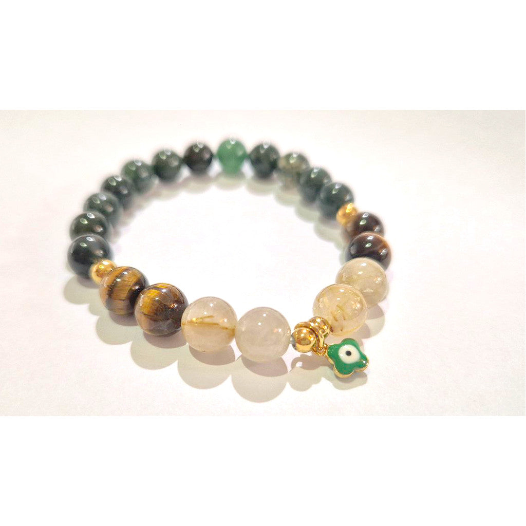 Moss Agate Tiger Eye Rutilated Quartz 8mm/10mm (Charm Option) protection, health, wealth bracelet