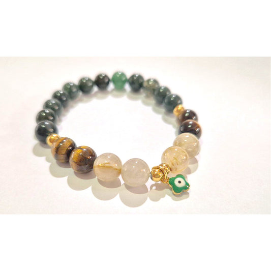 Moss Agate Tiger Eye Rutilated Quartz 8mm/10mm (Charm Option) protection, health, wealth bracelet