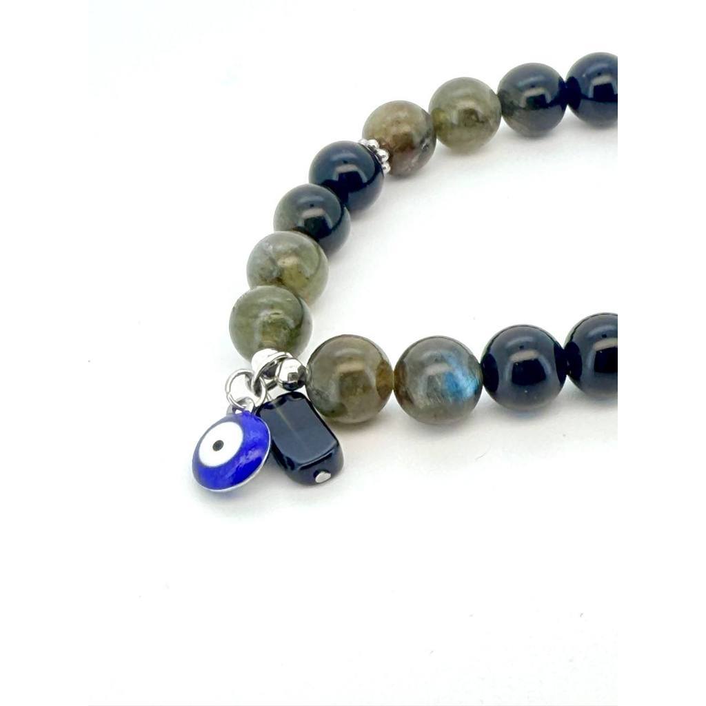 Obsidian & Labradorite Protection Bracelet with Evil Eye & Black Tourmaline Charm