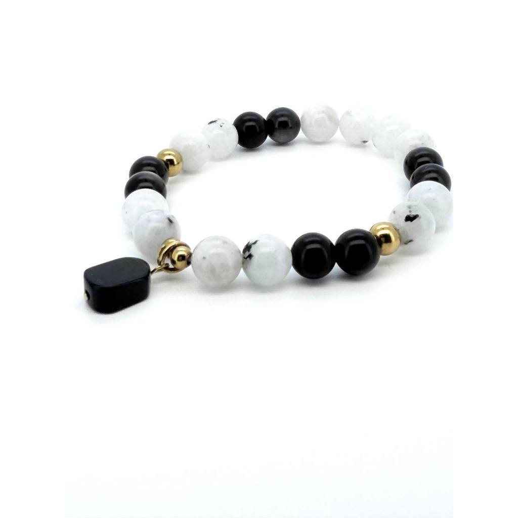 Rainbow Moonstone & Obsidian Protection Bracelet with Black Tourmaline Charm
