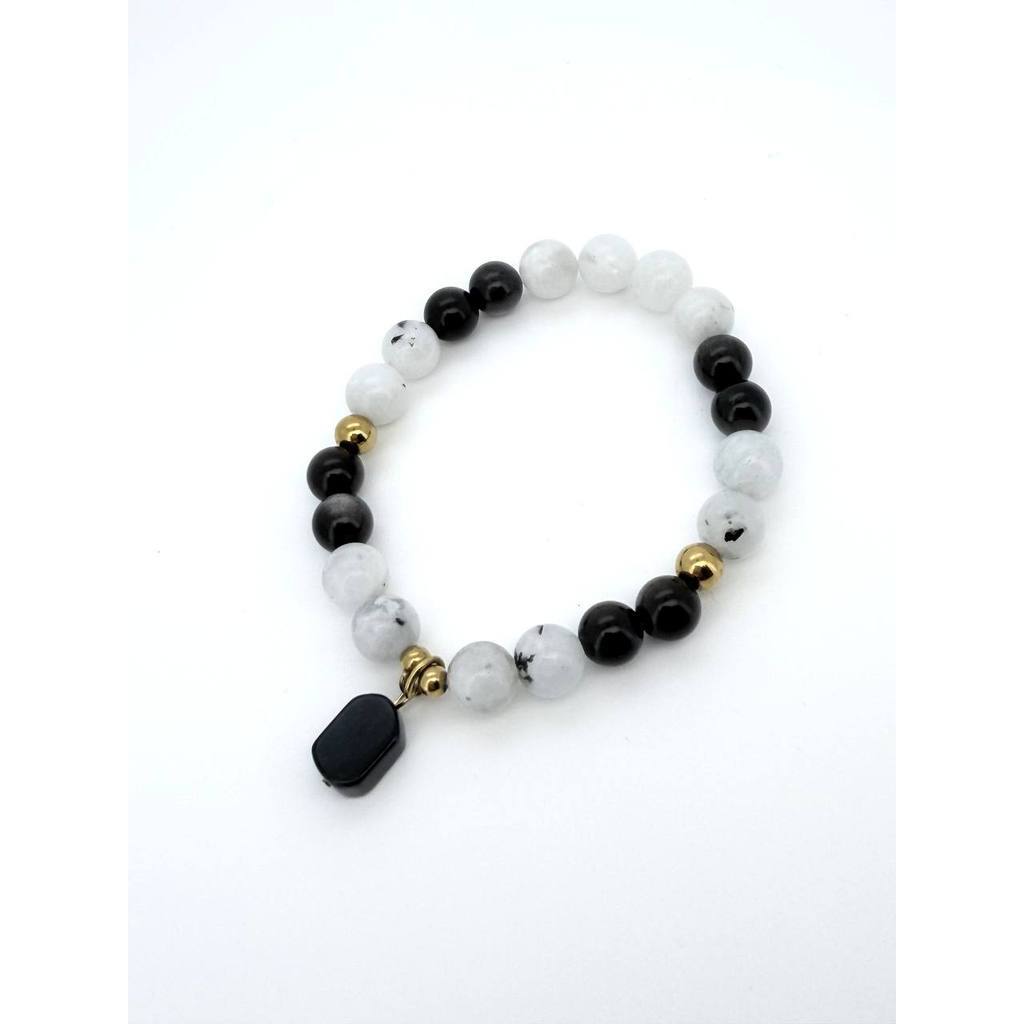 Rainbow Moonstone & Obsidian Protection Bracelet with Black Tourmaline Charm