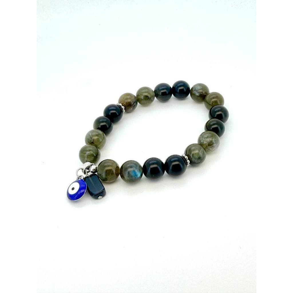Obsidian & Labradorite Protection Bracelet with Evil Eye & Black Tourmaline Charm