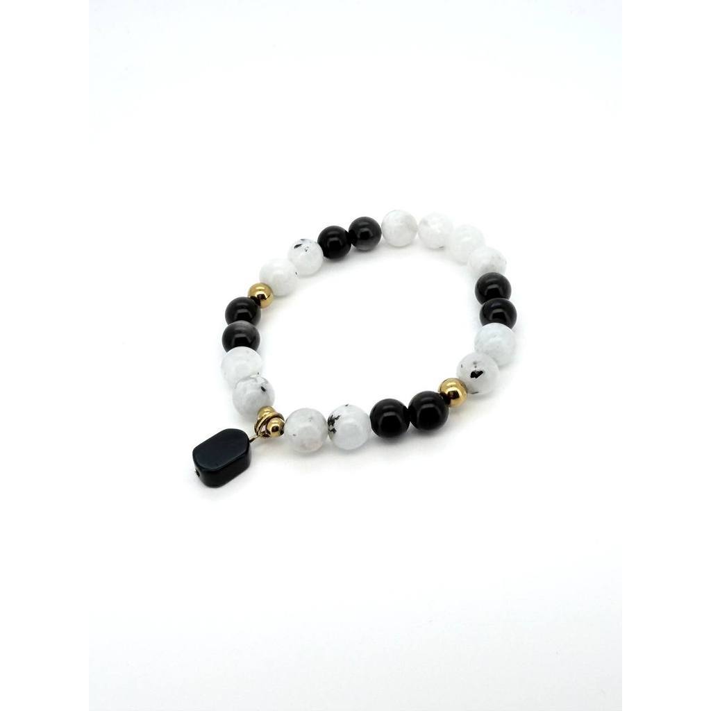 Rainbow Moonstone & Obsidian Protection Bracelet with Black Tourmaline Charm