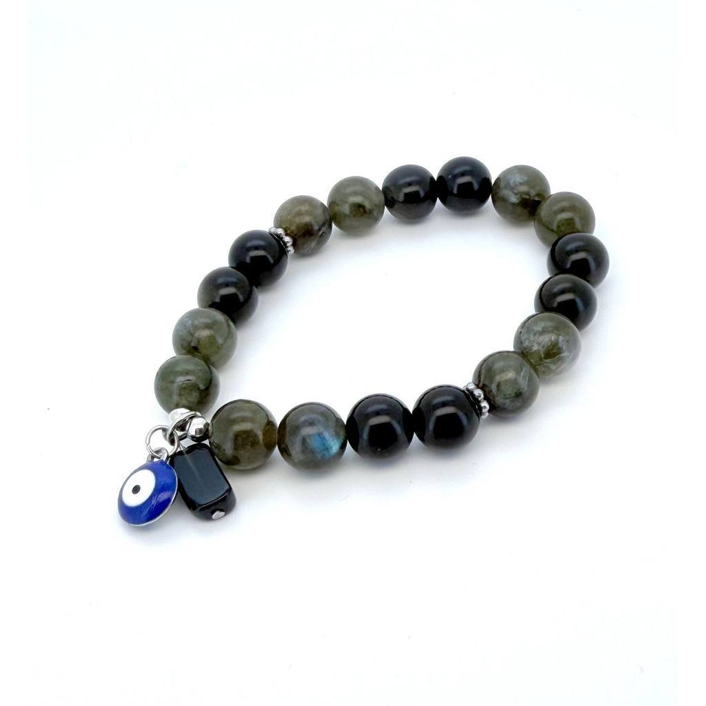 Obsidian & Labradorite Protection Bracelet with Evil Eye & Black Tourmaline Charm