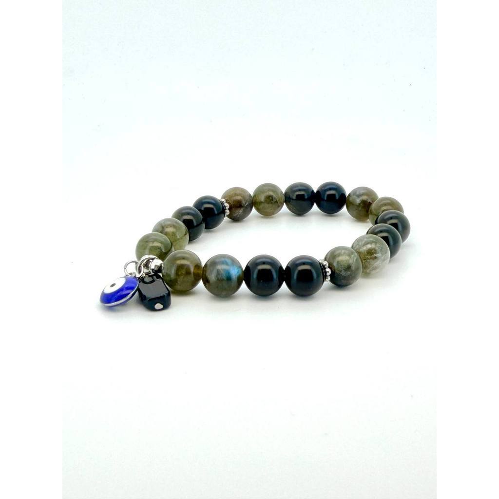Obsidian & Labradorite Protection Bracelet with Evil Eye & Black Tourmaline Charm
