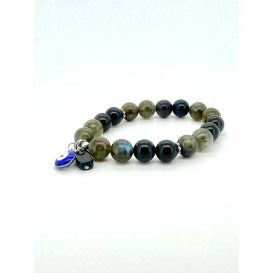 Obsidian & Labradorite Protection Bracelet with Evil Eye & Black Tourmaline Charm
