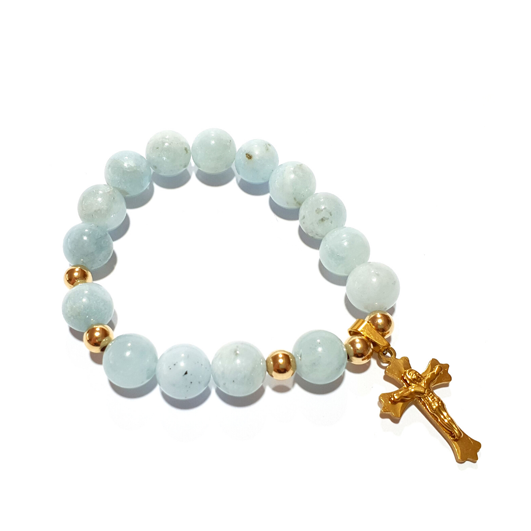 Aquamarine Rosary bracelet in 10K spacers and stainless Cross - Gems & stones ph