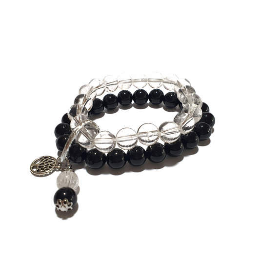 Onyx and Clear Quartz double layer gemstone bracelet