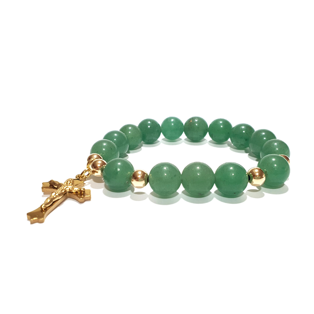 Aventurine Rosary bracelet in 10K spacers and stainless Cross - Gems & stones ph