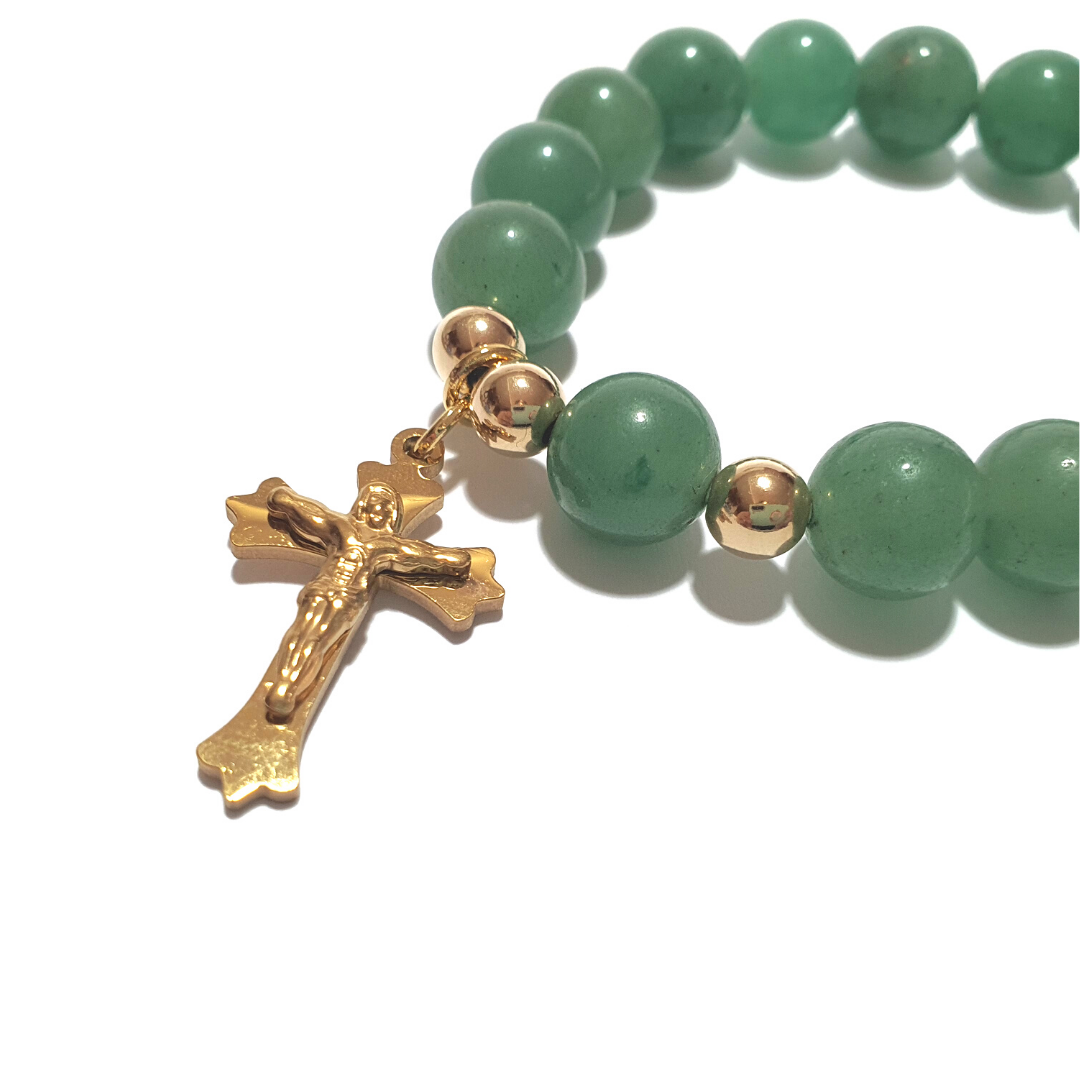 Aventurine Rosary bracelet in 10K spacers and stainless Cross - Gems & stones ph