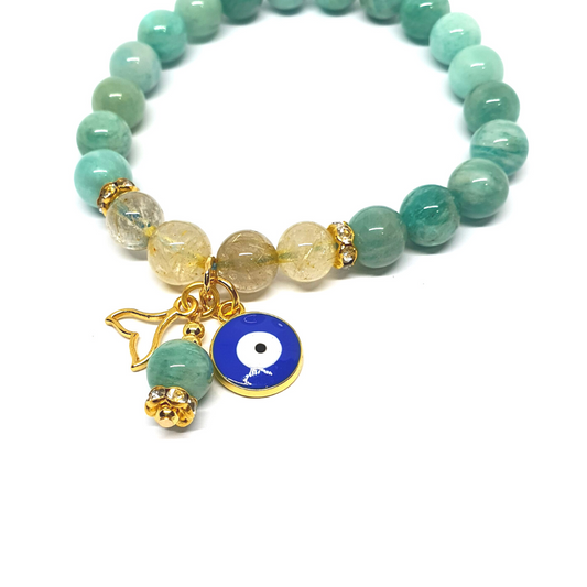 Rutilated Quartz and Amazonite with Evil Eye and Mermaid's Tail Charm