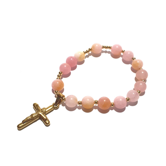 8mm Chalcedony Rosary bracelet in 10K spacers and stainless Cross - Gems & stones ph