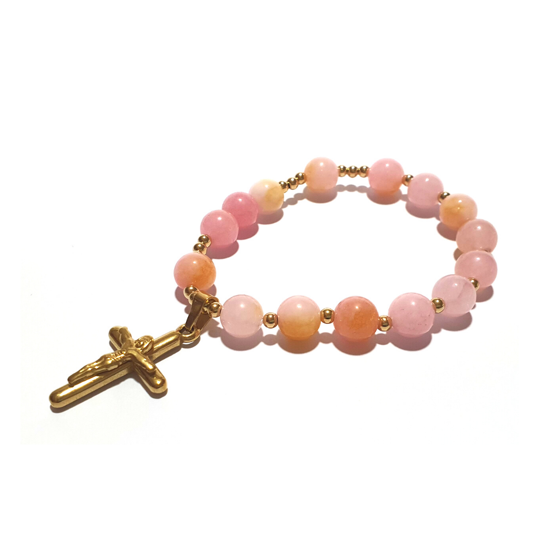 8mm Chalcedony Rosary bracelet in 10K spacers and stainless Cross - Gems & stones ph