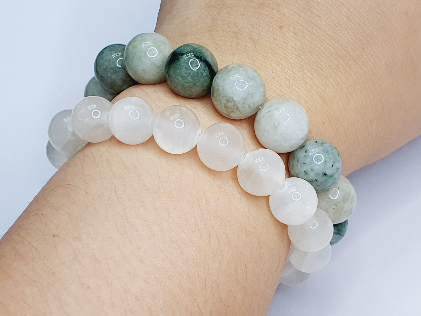 12mm burma jade, 10mm selenite bundle bracelet - Gems & stones ph