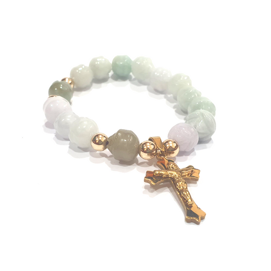 Lotus jade rosary bracelet in 10K spacers and stainless Cross - Gems & stones ph