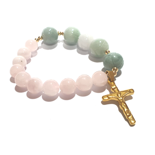 Rose Quartz and lotus jade rosary bracelet in 10K spacers and stainless Cross - Gems & stones ph