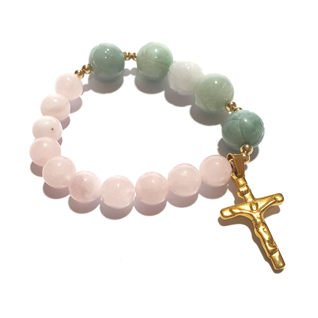 Rose Quartz and lotus jade rosary bracelet in 10K spacers and stainless Cross - Gems & stones ph