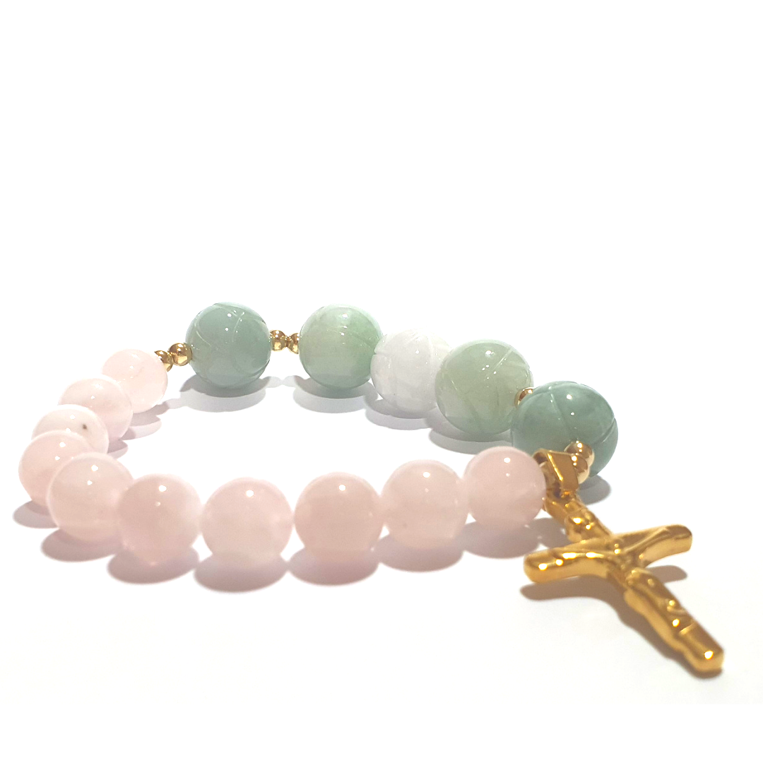 Rose Quartz and lotus jade rosary bracelet in 10K spacers and stainless Cross - Gems & stones ph