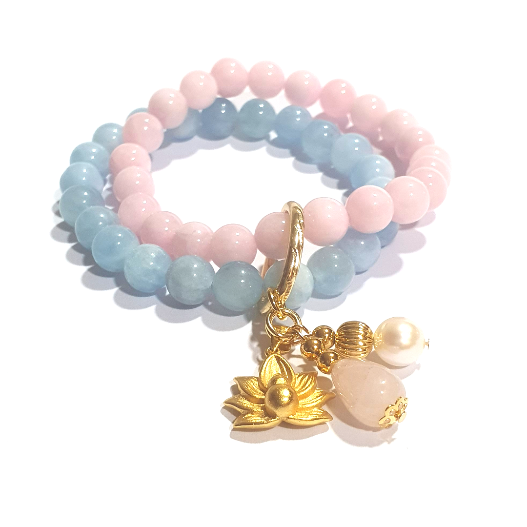 Madagascar Rose quartz and high grade aquamarine double layer combination bracelet - Gems & stones ph
