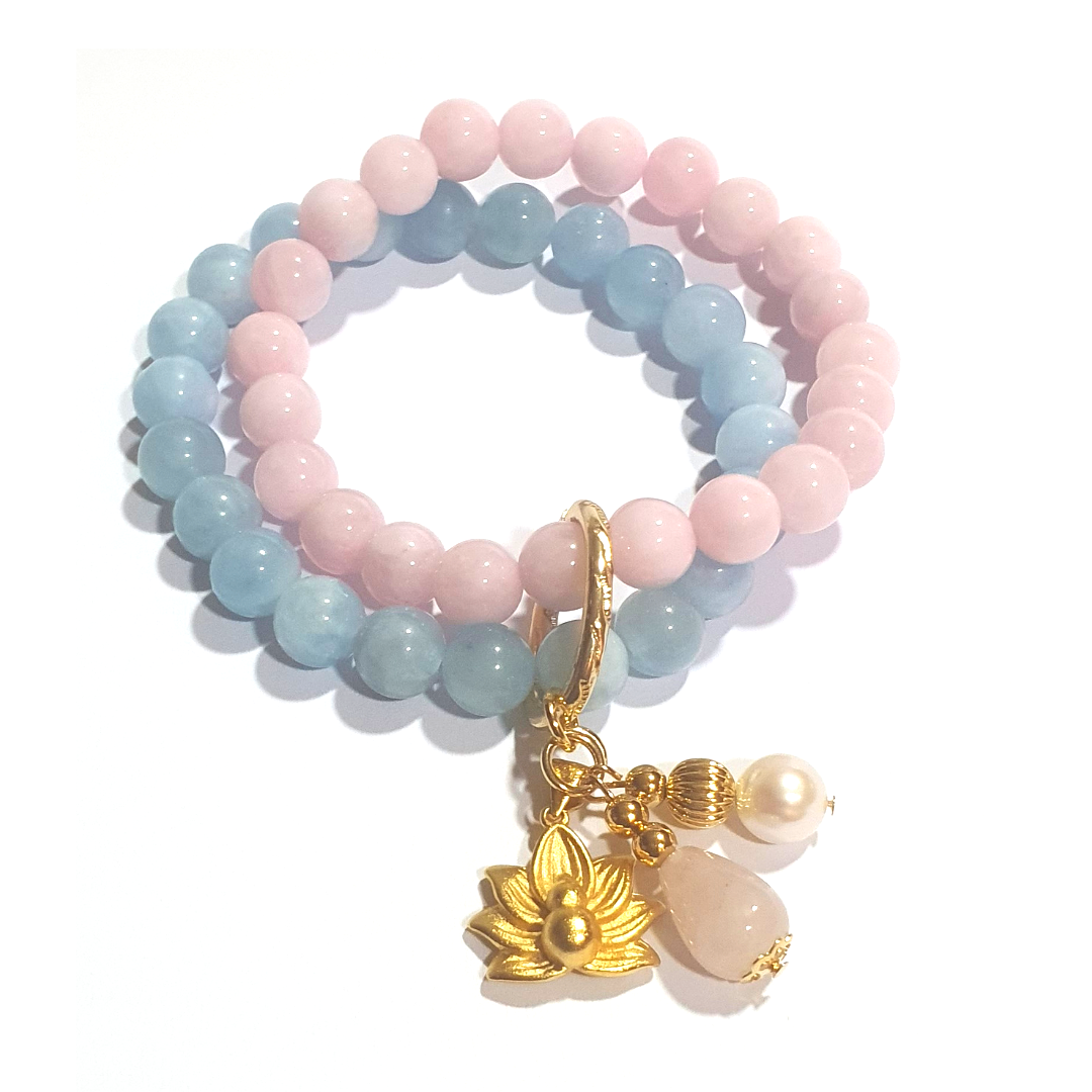 Madagascar Rose quartz and high grade aquamarine double layer combination bracelet - Gems & stones ph