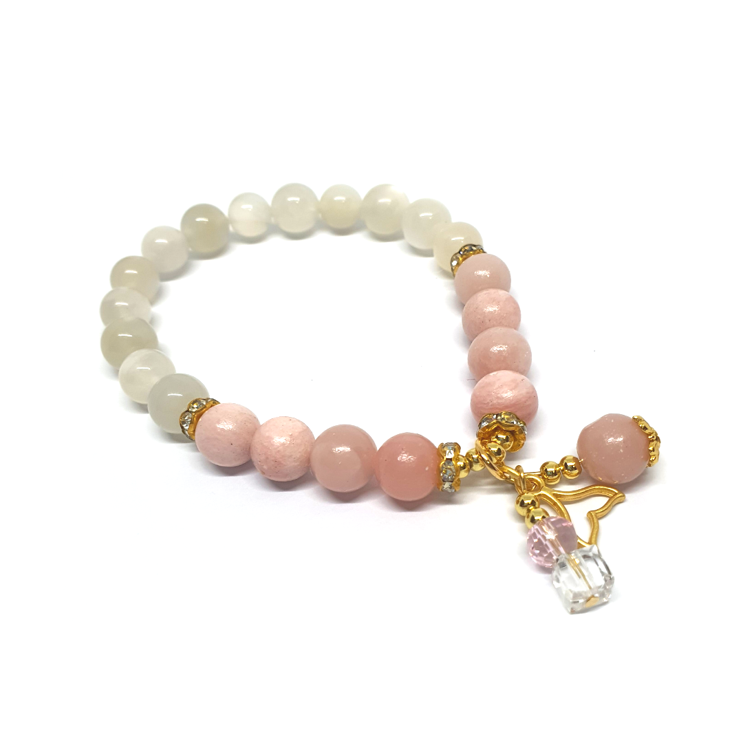 High quality Pink opal and White Moonstone with mermaid's tail charm