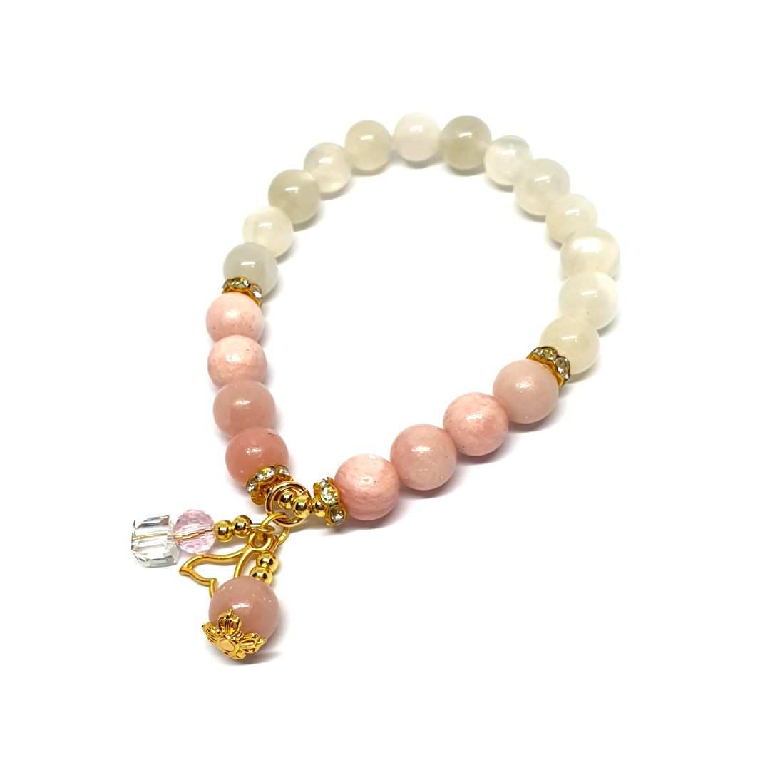 High quality Pink opal and White Moonstone with mermaid's tail charm